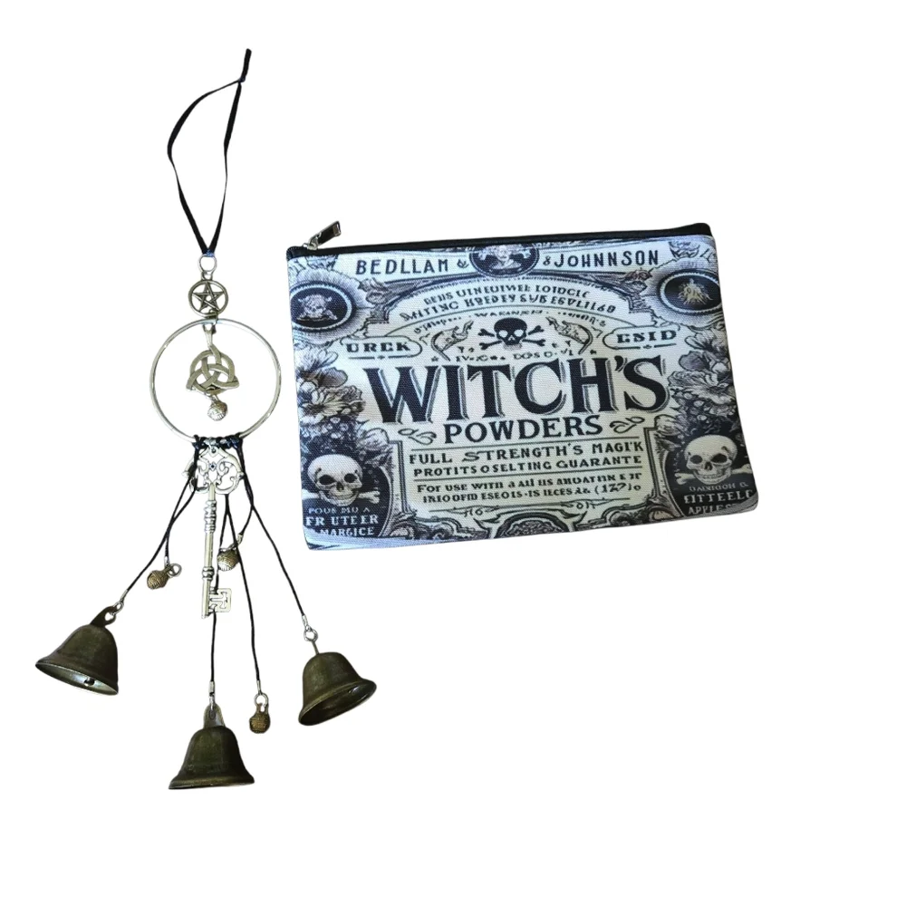 Black and White Witch's Powders Cosmetic Bag with Hanging Bells